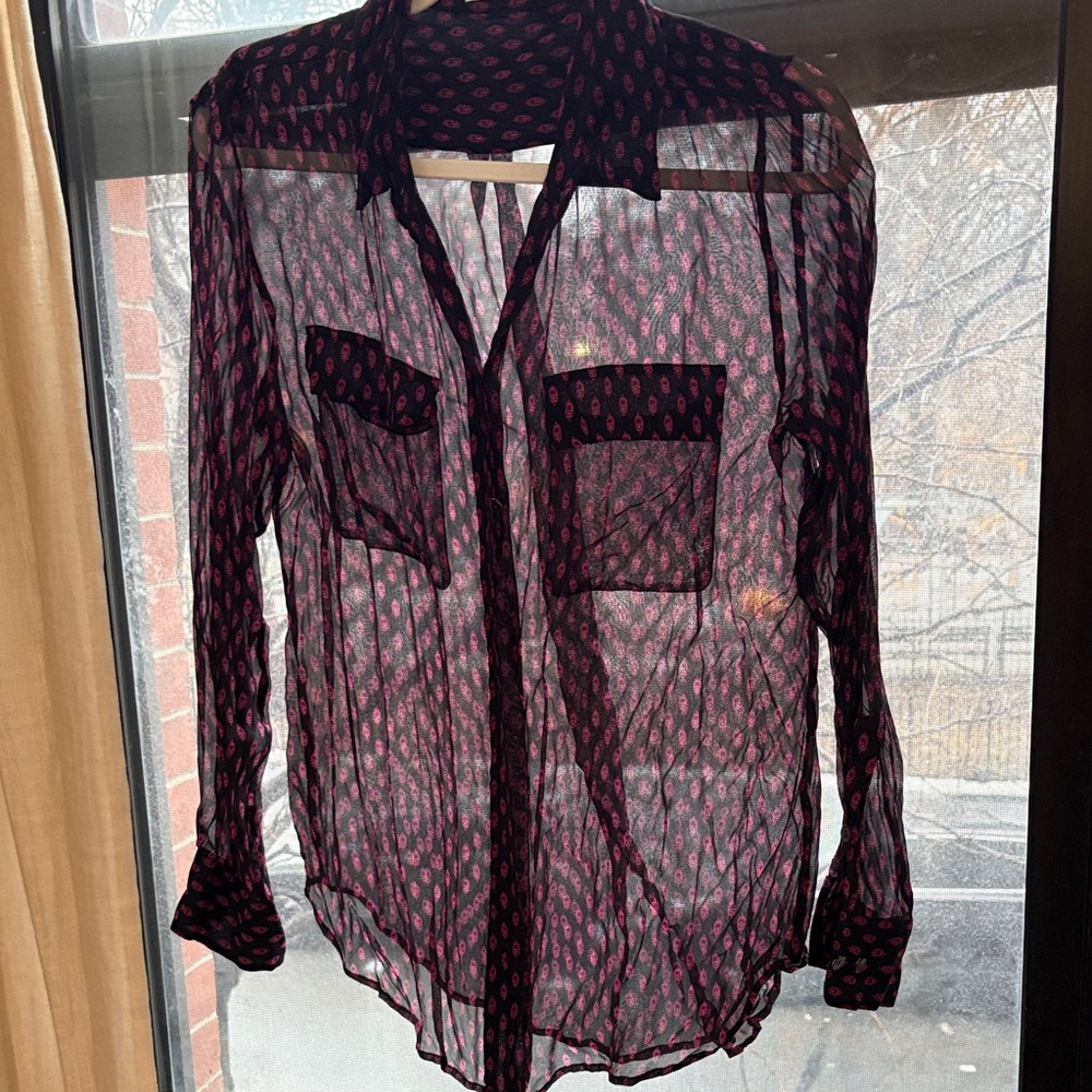 Equipment Black and Pink Patterned Blouse